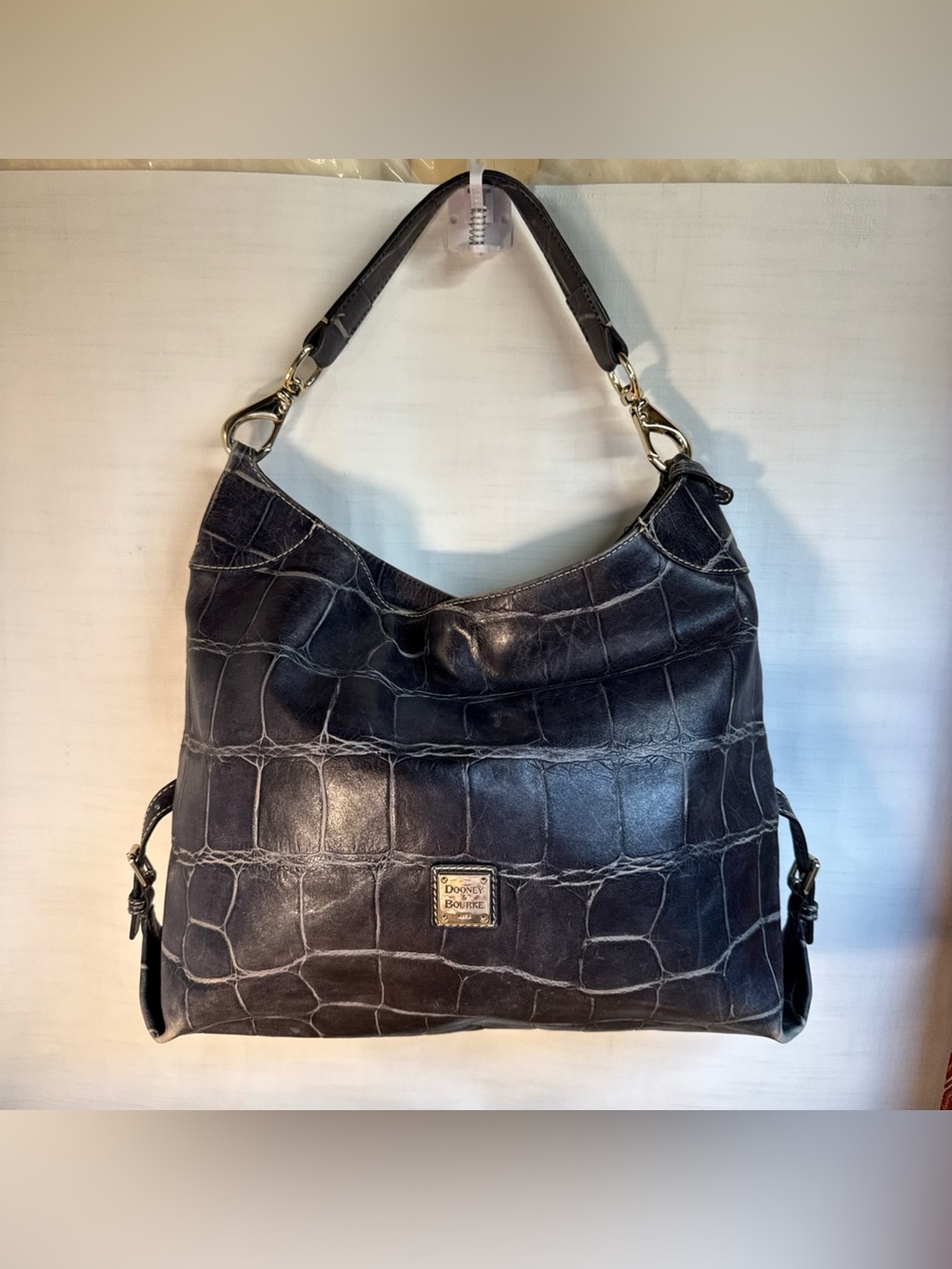 Dooney & Bourke  HandBag Tote Purse Gray Blue Croc Embossed Distressed Leather‎